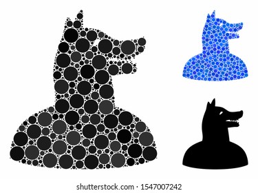 Man dog composition of round dots in different sizes and color tinges, based on man dog icon. Vector round elements are combined into blue composition. Dotted man dog icon in usual and blue versions.