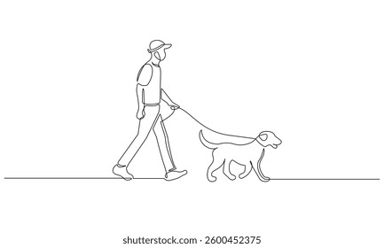 Man with Dog Continuous One Line Drawing. Man Walking with Dog One Line Vector Illustration. Minimal Trendy Design for Vet Design, Social Media, Posters, Invitations, Branding. Not AI