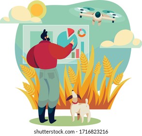 Man with dog, control drone in field concept and vector illustration on white background. Modern and smart online technology for modern farm management and farmer characters. Flat style.