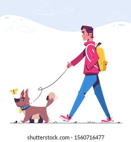 Man With Dog Flat Illustration. Pet Owner In Casual Outfit Cartoon Character. Boy With Puppy On Leash Walking On Street. Side View Of Person With Domestic Animal Spending Time Outdoor