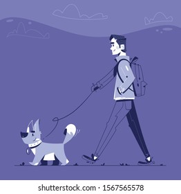 Man with dog flat illustration. Pet owner in casual outfit cartoon character. Boy with puppy on leash walking on street. Side view of person with domestic animal spending time outdoor