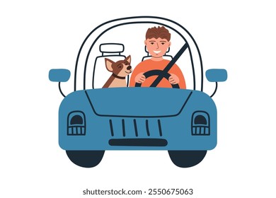 A man and a dog are going on a road trip in a convertible. Young smiling man with dog in car going on trip. Vector illustration of traveling with pets.
