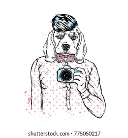 A man with a dog head. The dog is a hipster in a stylish shirt, with a fashionable hairstyle and a camera. Fashion and Style. Vector illustration.

