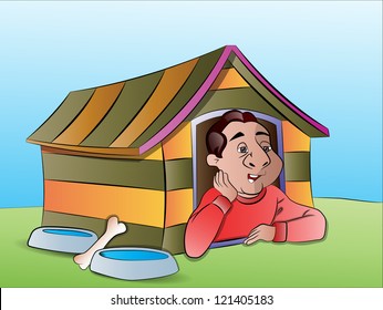 Man in a Dog House, vector illustration