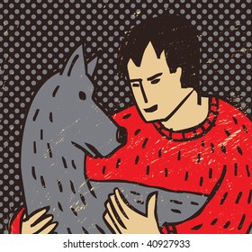 Man and dog The man is hugging the big beautiful dog. Color vector textured illustration.