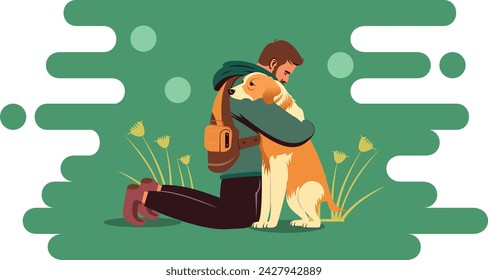 Man and dog hugging in spring nature, looking for animals, vector illustration of a man hugging a dog