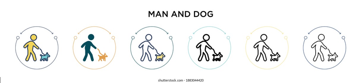 Icono de hombre y perro en el estilo relleno, delgado, contorno y trazo. Ilustración vectorial de dos diseños de iconos vectoriales de hombre y perro de color y negro se puede usar para móviles, ui, web