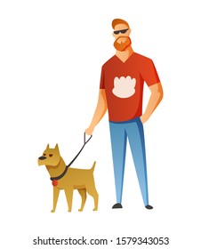 Man with dog isolated on white background. Holding their domestic animal. Male flat cartoon character. Colorful vector illustration