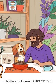 Man and dog kitchen scene cozy home interior plants colorful design warm atmosphere food bowl coffee cup table