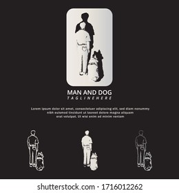 CONCEPTO DE LOGO DE HOMBRE Y PERRO. DIBUJO A MANO, ARTE DE LÍNEA Y ESTILO MINIMALISTA MODERNO. COLECCIÓN DE LOGOTIPO.