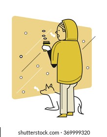 Man with a dog looking outside, snow scene, cold weather. flat thin line character design. vector illustration