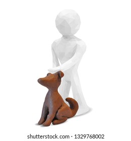 Man and dog low poly. Dummy on white background. All elements are layered separately in vector file. Man and dog in triangulation technique. 