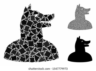 Man dog mosaic of trembly parts in different sizes and shades, based on man dog icon. Vector unequal parts are combined into mosaic. Man dog icons collage with dotted pattern.