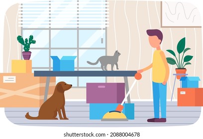 Man with dog moving to new house or office presses lever, puts his things in cardboard boxes, removal, change of place of residence. Moving to apartment, relocation. Person packs things to shipping