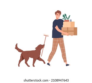 Man and dog moving. Person carrying carton boxes and plant. Guy and doggy walking with home stuff. Changing house, relocation and removal concept. Flat vector illustration isolated on white background