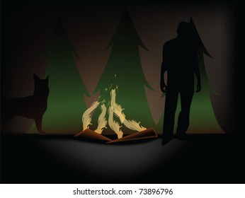 man and dog near fire