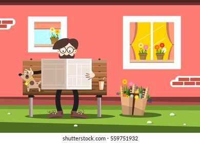 Man with Dog on Bench Reading Newspapers with House on Background