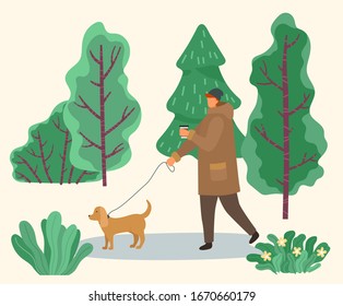 Man with dog on leash in park. Male character walking pet in autumn or spring forest. Rural area with trees and bushes in bloom, greenery of nature. Seasonal strolling outdoors vector in flat