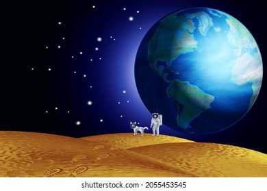 Hombre y perro en la luna. Tierra azul vista desde la superficie de la Luna. Ilustración del vector