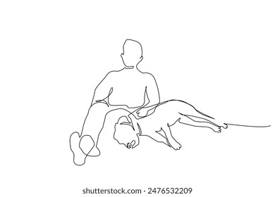 man dog owner friend sitting together at home relax time life one line art design vector