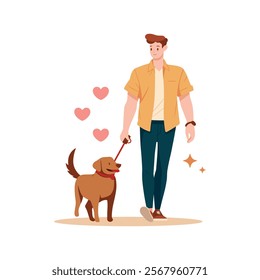 Man dog owner walking with puppy leading it on leash. Young man going with doggy. Vector illustration isolated on white.