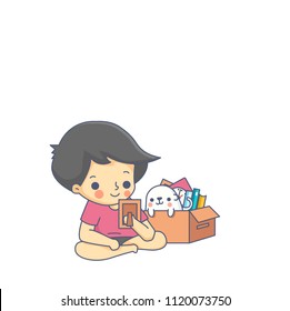 Man and Dog Packing Remember Character Vector Illustration