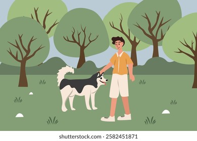 Man with the dog in the park. Husky dog. Canine. Man stroking dog. Urban park. Man walking with the dog. 