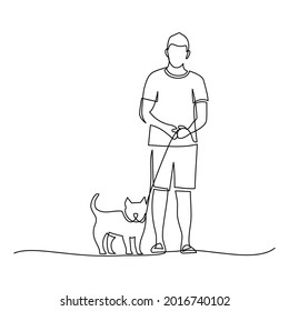 Man With A Dog Pet In Continuous Line Art Drawing Style. Dog On A Leash With His Owner. Black Linear Sketch Isolated On White Background. Vector Illustration