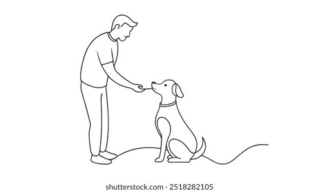 
Hombre con una mascota de perro arte de línea continua aislado en el fondo blanco.