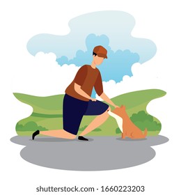 man with dog pet in park landscape vector illustration design