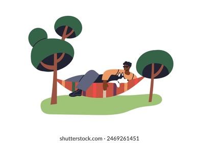 Man and dog relaxing in hammock. Summer holiday rest. Person enjoying leisure time with cute puppy, canine animal. Outdoor relaxation under trees. Flat vector illustration isolated on white background