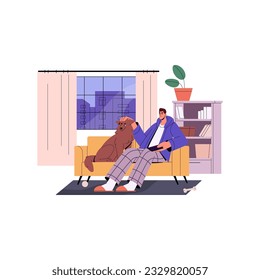 Man and dog relaxing at home, sitting on sofa, watching TV with remote control. Happy person and pet resting on couch on evening leisure. Flat vector illustration isolated on white background