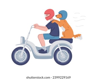 Mann mit Hund reiten Roller flache Vektorgrafik. Transportkonzept für Haustiere. Junge Leute reisen mit dem Haustier mit dem Moped. Hund in Helm sitzend hinter dem Besitzer auf Motorrad während der Reise.