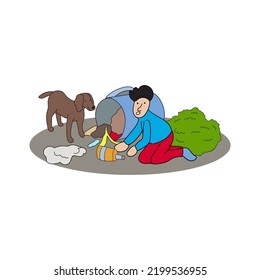 man and dog in rubbish vector illustration