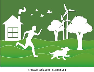 A man and a dog is running on the green ground ecology concept. Paper art. 