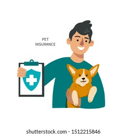 Man with a dog shows pet insurance blank. Happy male with corgi on his hands. Cartoon flat vector illustration on a white background. Pet insurance consept with a space for text.