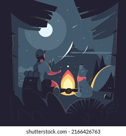 Un hombre con un perro está sentado junto al fuego en el bosque. Ilustración del camping y del vector de viaje. Hermoso paisaje nocturno a la luz de la luna.