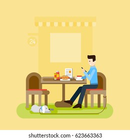 A man and a dog sitting in a cafe. Vector flat illustration