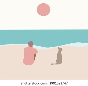 Man with Dog sitting social Distancing and Adventure in Pandemic New Normal times on the beach. Beautiful pastel color .