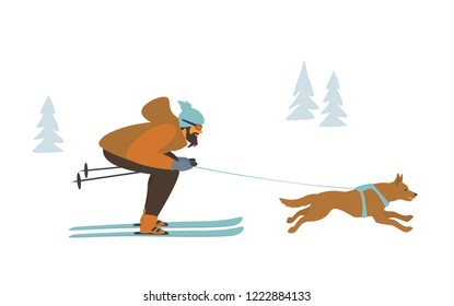 man and dog skijoring, winter sports isolated vector illustration scene graphic