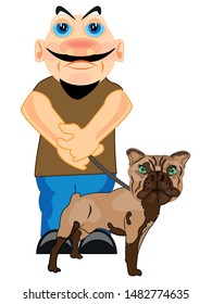 Man with dog of the sort bulldog on white background is insulated