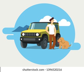 A man and a dog standing next to SUV car about to go on road trip, vector illustration