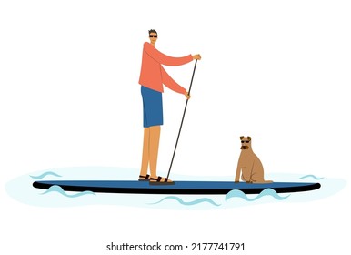 Man and dog standing on sup board floating in sea in sunny day. Tourist learning to paddle and balance on paddle board.