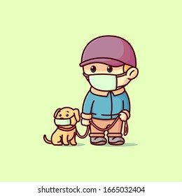A MAN WITH A DOG IS STANDING AND WEARING MASKER. VIRUS AWARENESS AND ALERT