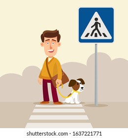 Man with a dog stands at a pedestrian crossing in order to cross the road. Person at the crosswalk. Be careful when crossing the road. Vector illustration, flat design cartoon style.