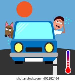 Man And Dog Sticking Their Heads Out Of Blue Car And Sweating In Hot Weather Vector 