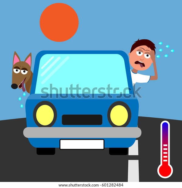 man and dog sticking their heads out of\
blue car and sweating in hot weather vector\
