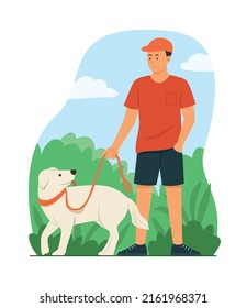 Man and Dog Strolling in Public Park.