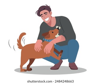 Hombre con el perro. Cuidar de un amigo de cuatro patas. Ilustración vectorial en un estilo plano