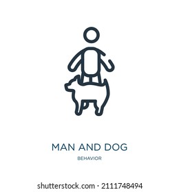 man and dog thin line icon. dog, person linear icons from behavior concept isolated outline sign. Vector illustration symbol element for web design and apps.